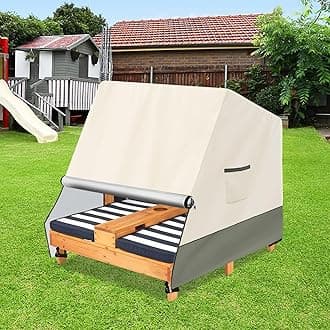 Waterproof Wooden Outdoor Double Chaise Lounge Cover,600D Tough Canvas Patio Furniture for Kids or Pets Covers,White&Grayish Green