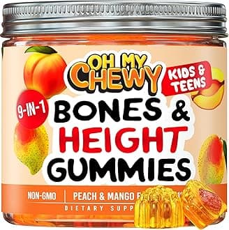 Center-Filled Bones & Growth Support Gummies - Supplement Vitamins for Kids & Teens with Calcium, Astragalus, D3, K2, L-Arginine, Glutamine & Omithine HCI - Peach & Mango - 60 Count