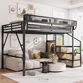 Queen Size Loft Bed with Stairs and Storage, Metal Loft Bed Frame with Bedside Shelf and Large Under-Bed Space, Heavy-Duty Bed for Adults Teens and Kids, Convertible Staircase, Black