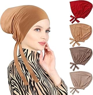 PHOGARY 4 Pcs Women Hijab Undercap, Islamic Muslim Under Hijab Cap Inner Under Scarf Hat Turban with Tie Back Closure