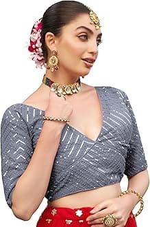 Pujia Mills Womens Fancy Readymade Ethnic wear Half Sleeve Sequins Saree Blouse sabyasachi Blouse for Women Saree and Lehenga Choli Bridal Blouse