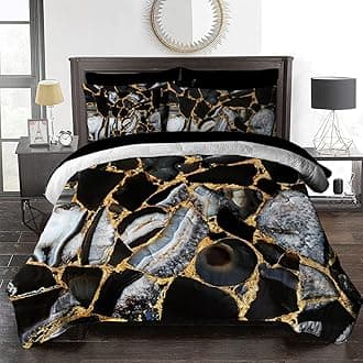 BlessLiving 8 Piece Comforter Set Modern Faux Gold Black Marble Stone Bedding for All Season - 1 Comforter, 2 Pillow Shams, 1 Flat Sheet, 1 Fitted Sheet, 1 Cushion Cover, 2 Pillowcases (Full Size)