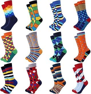 Jeasona Mens Dress Patterned Socks Pack Funny Fun Crazy Novelty Cool Colorful Cotton Crew (Multicolored, 12)