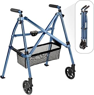Stander Wonder Walker Plus Short, Junior Lightweight Folding Rolling Walker for Adults, Seniors, Elderly, Petite Travel Walker with Wheels, Glides, Pouch, Compact Standard Walker, Cobalt Blue