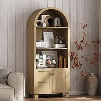 71'' Tall Arched Storage Cabinet with Wood Door, 5-Tier Display Pantry Cabinet with Double Doors, Tall Arch Bookshelf, for Kitchen, Living Room, Dining Room, Natural