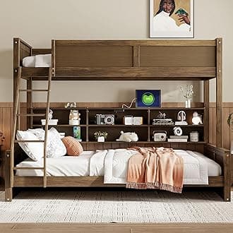 Twin XL Over Queen Bunk Bed with Storage Shelves and USB Ports,Wooden Bunker Bed Frame and Underneath Bookshelf,No Box Spring Needed,Kids,Adults-Antique Wood
