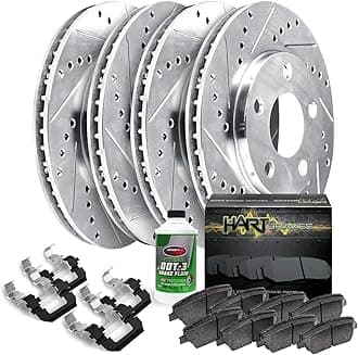 Hart Brakes Front and Rear Brake Rotors Silver Drilled Slotted Ceramic Brake Pads Compatible For 2007-2013 Mitsubishi Outlander