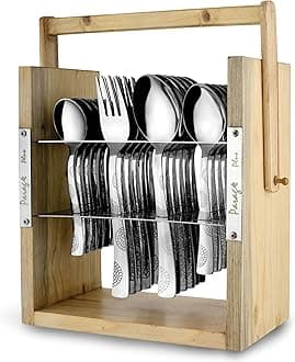 Parage 25 Pieces Stainless Steel Moonpress Cutlery Set with Wooden Hanging Stand for Dining Table (Contains: 6 Tea Spoons, 6 Table Spoons, 6 Table Forks, 6 Dinner Spoon), Stylish Spoon Set