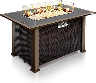Outdoor Propane Fire Pit Table - Approved Safe 50,000BTU Auto-Ignition Propane Gas Fire Table - Rattan Panel, Glass Wind Guard, Black Tempered Glass Tabletop, Clear Glass Rock - SLFPTL