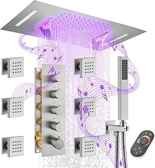 MONDAWE 23-Inch 64-Color LED Music Thermostatic Shower Jet System Set, Ceiling Mount Waterfall Rainfall Luxury Rain Shower Head System with Handheld, Brushed Nickel