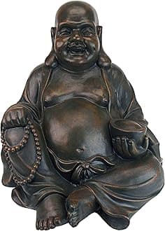 Laughing Buddha Happy Hotei Asian Garden Statue, 19 Inch, Large, Resin, Faux Bronze Finish