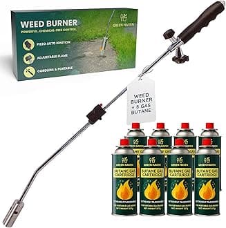 GREEN HAVEN Weed Burner with 8 Butane Gas Canister - Auto Ignition, Adjustable Flame Butane Weed Burner, Flame Thrower for Weeds Wand Burner for Driveways & Patios
