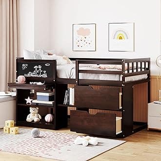 Bellemave Twin Size Low loft Bed for Kids,Wood Loft Beds,Modern Farmhouse Twin loft Bed,Loft Bed with Rolling Desk and Storage, Shelf and Drawers No Box Spring Needed,for Kids, Espresso
