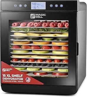Magic Mill Premium Food Dehydrator Machine (15 Extra-Large Stainless Steel Trays) 800W Dryer for Beef Jerky, Fruits, Vegetables, Dog Treats, 48 Hour Digital Timer - 95°-167° Temperature Control