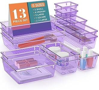 13 PCS Drawer Organizer Set, 5 Varied Size Bathroom and kitchen Drawer cabinet organizer Trays, Clear Storage Bins for Makeup, Jewelry, Utensils and Gadgets, Purple