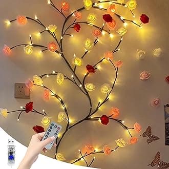 LED Tree Branch Lights With Remote and 8 Lighting Modes - Rose Garland Willow Vine for Bedroom Indoor Wall Wedding Valentines Day Decor (1.2M 48LEDs)