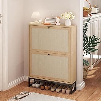 AVZEAR Narrow Shoe Storage Cabinet for Entryway with Natural Linen Panel, Freestanding Slim Shoe Cabinet with 2 Flip Drawers, Wood Shoe Organizer Closed Shoe Rack for Hallway, Living Room(Natural) | 2 Flip Drawer Door, Freestanding, Shoe Organizer, Shoe Cabinet Storage, Entryway, Shoe Storage