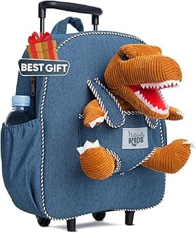 【Upgraded】Toddler Luggage for Boys w Removable Dinosaur Toy | Side & Inner Pockets, Reflective Logo, Name Tag | Kids Rolling Backpack | Travel & Birthday Gifts for 3 4 5 6 Year Old