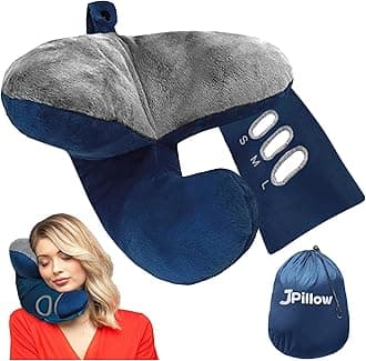 JPillow Travel Pillow for Airplanes – A Little Bulky, Expensive, and Takes a Couple of Minutes to Master, but Supports Your Head and Neck in Genuine Luxury – British Invention of The Year (Blue/Gray)