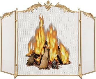 WICHEMI Fireplace Screen 3 Panel Folding Fireplace Screens 50.4 x 32.3 Inch Metal Furnace Fireguards Mesh Cover Baby Safe Proof Fence Spark Guard Cover Wrought Iron Fire Place Standing Gate (Golden)