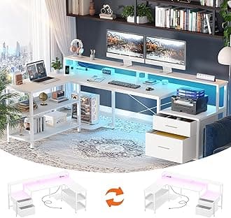 L Shaped Desk with File Drawer, 66" Reversible L Shaped Computer Desk with Power Outlet & LED Strip, Gaming Desk with Long Monitor Stand, Office Desk Corner Desk with Storage Shelf, White