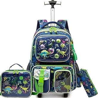 Meetbelify Kids Rolling Backpack with Wheels for Boys Rolling Backpacks with Lunch Box for Elementary School Students 3 in 1 Dinosaur Travel Luggage Suitcase for Boys Age 8-10