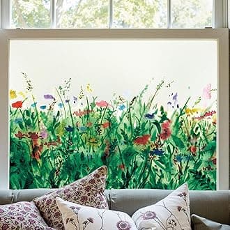 Window Film Privacy Window Film for Glass Windows, No Glue Anti UV Self Adhesive Sun Block Decorative Stickers for Glass Privacy, Static Cling for Bathroom and Door, Colorful Flower Field 44X200CM