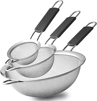 Stainless Steel Fine Mesh Strainers - Set of 3 Sizes, Wire Sieve with Insulated Handle, Kitchen Colander, Food Preparation, Flour Sifter, Rice, Pasta Strainer