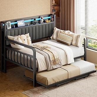 Daybed with Pop Up Trundle and LED Light, Heavy Duty Metal Full Bed Frame with Upholstered Storage Headboard and Charging Station, Sturdy Day bed for Living Room, Bedroom and Guest Room (Black)