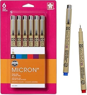SAKURA 0.45 mm Pigma No.05 Micron Pens, Pack of 6, Black/Red/Blue/Green/Brown/Purple