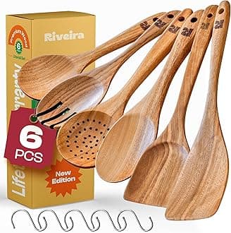 Riveira's 6-Piece Kitchen Essentials - Wooden Spoons for Cooking and Comprehensive Cooking Utensils Set