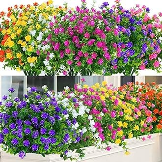 24 Bundles Outdoor Artificial Flowers UV Resistant Fake Boxwood Plants, Faux Greenery for Indoor Outside Hanging Plants Garden Porch Window Box Home Wedding Farmhouse Décor (Mix Color)