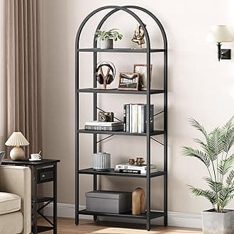 IDEALHOUSE Bookshelf 5 Tier Bookcase Arched Display Racks Tall Standing Bookshelves Metal Frame Modern Storage Rack Shelf Large Wood Book Shelf for Bedroom, Living Room, Home Office (Black)