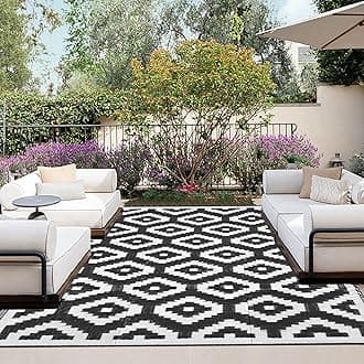 OutdoorLines Outdoor Reversible Rugs for Patio 6x9 ft - Plastic Area Rug, Stain & UV Resistant Portable RV Carpet, Plastic Straw Mats for Porch, Pool Deck and Camping Diamond/Black & White