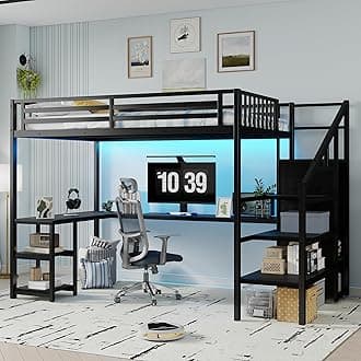 Loft Bed with Desk Full Size, Gaming Loft Bed with LED Light for Adults, Heavy-Duty Loft Beds Frame with Stairs & Wardrobe & Storage Shelves, Bunk Bed with Steps for Teens Boys Girls Room Dorm, Black