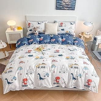 DJY Dinosaur Kids Duvet Cover Set Full Size, 100% Cotton Dino Truck Car Bedding Set for Boys Girls, 3 Pieces Reversible Dinosaur Comforter Cover Set, 1 Duvet Cover+2 Pillowcases, No Comforter