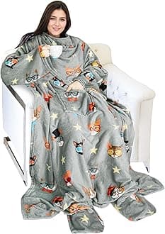 Catalonia Cat & Dog Print Wearable Blanket with Sleeves and Foot Pocket – Ultra-Soft Warm Fleece Long Throw Snuggly Blanket for Sleeping & TV Time – Cozy Christmas Gift for Women & Men