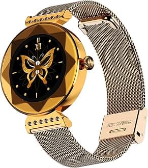 Fire-Boltt Emerald Gemstone-Studded Diamond Cut Smart Watch with 1.09” HD Display, Multiple Sports Modes, Health Suite, Wireless Charging, IP68 with Additional Stainless Steel Strap (Rose Gold)