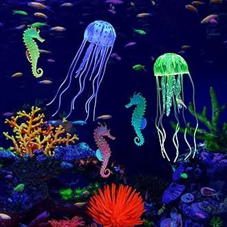 6 Pieces Glow Aquarium Ornaments Artificial Glow Floating Jellyfish Seahorse Anemones Silicone Simulation Fish Tank Decorations for Fish Tank