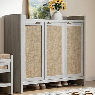 SICOTAS Shoe Storage Cabinet, 30 Pairs Rattan Shoe Cabinet Storage for Entryway, 6-Tier 41" Tall Shoe Cabinet Storage, Farmhouse Boho Storage Cabinet with Doors for Entryway Hallway, Whitish-Gray Oak