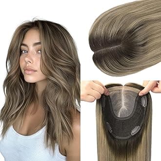 Hair Toppers for Women Real Human Hair, 6x7 inch Larger Silk Base 150 Density 55 grams 12inch Clip In Topper Hair pieces Dark Brown to Dirty Blonde Wiglet Top Pieces Add Volume（#2618 12inch）