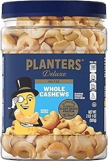 PLANTERS Deluxe Salted Whole Cashews, Party Snacks, Plant-Based Protein, Snacks for Adults, After School Snack, Roasted Flavored Cashews with Sea Salt, Kosher, 33oz Container