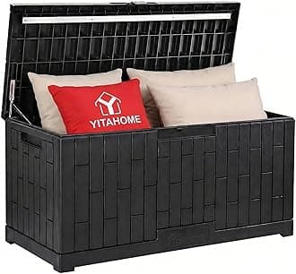 YITAHOME 120 Gallon Outdoor Storage Deck Box, Large Resin Patio Storage Box with Slide-Locking Lid, 53"L 2-Person Bench Seat for Outdoor Pillows, Garden Tools & Pool-Supplies, Waterproof (Black)