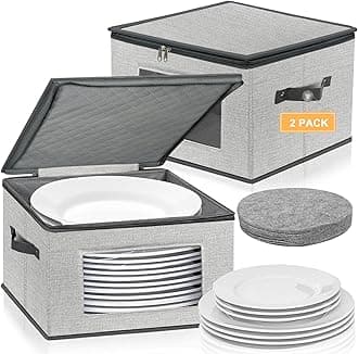 China Storage Containers, 12 Inch Dinner Plate Dish Storage Containers, Hard Shell Quilted Dinnerware Storage Box Case with Lids and Felt Protectors for Dishes Plates Storage and Moving (Light Grey)