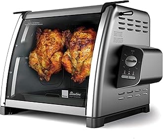 - Ronco Showtime Large Capacity Rotisserie & BBQ Oven Modern Edition, Simple Switch Controls, Silicone Door Tie, Perfect Preset Rotation Speed, Self-Basting, Auto Shutoff, Includes Multipurpose Basket