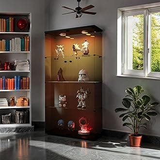 Frameless Glass Display Cabinet, Curio Cabinet Display Case with LED Lights and Lock, 2 Doors Quick-Install Floor Standing Showcase Display Shelf for Collectibles, Legos, Figures, Plants