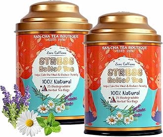 Sancha Tea Boutique, Stress Relief Herbal Tisane, 25 Pyramid Bags × Pack of 2, Caffeine Free Infusion of Chamomile, Lavender & Mint, Calming & Relaxing Floral Blend