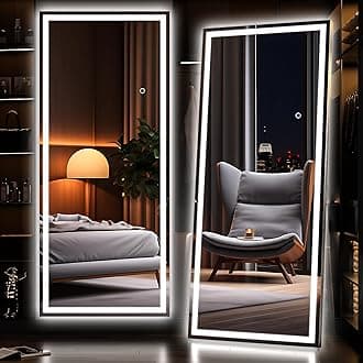 Hasipu Full Length Mirror with Lights, 71" x 24" LED Lighted Floor Standing, Full Body Dressing Hanging Mounted Mirror, Dimmable, Tempered Glass, Safe to Use, Square Black