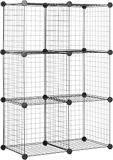 Amazon Basics 6 Cube Wire Grid Storage Organizer, Stackable Cubes, Cubby Bookcase, Display Shelf, 14" D x 14" W x 14" H, Black