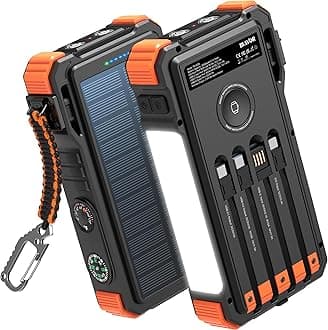 Solar Power Bank with Built in Cable 20000mAh Fast Charging Portable Charger, 20W USB C Battery Pack for Mobile Phones with Camping Light, Flashlight, Wireless Charging for Apple Watch